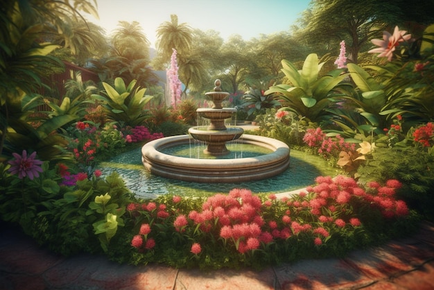 A water fountain in a garden with flowers and plants generative ai