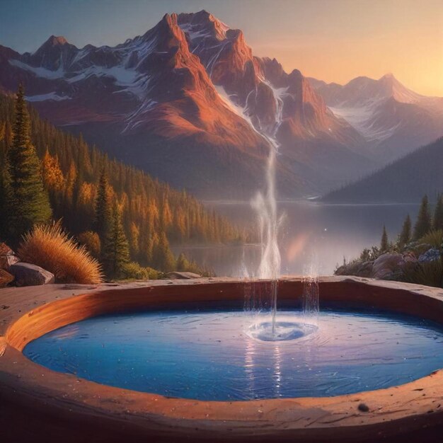 a water fountain with a fountain in the foreground and mountains in the background