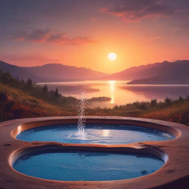 a water fountain with a sunset in the background