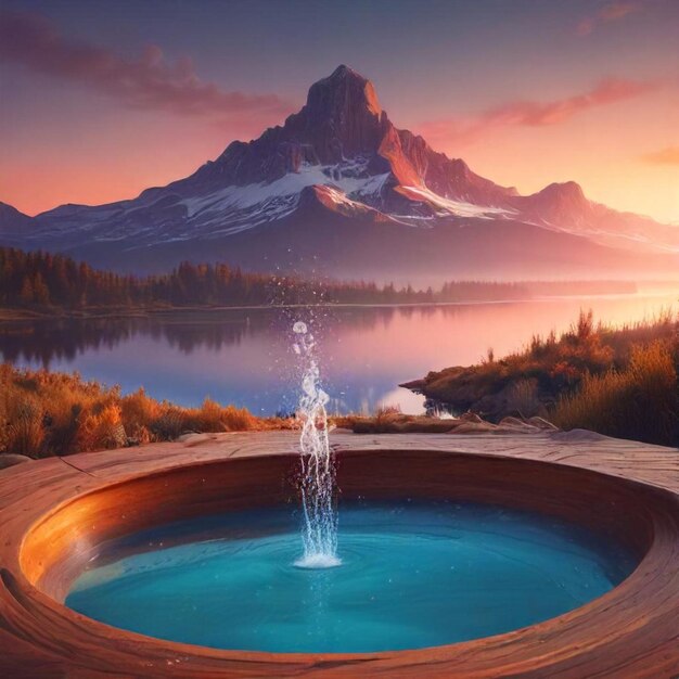 a water fountain with a water fountain and a mountain in the background