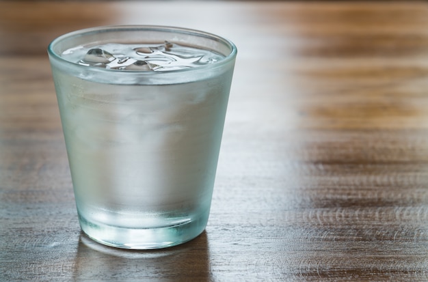 Water in a glass with ice.