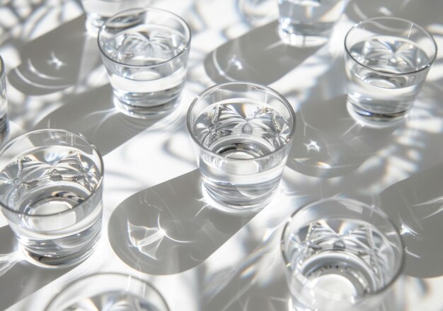 Photo water glasses reflections shadows light play multiple clear glasses filled with water arranged on a