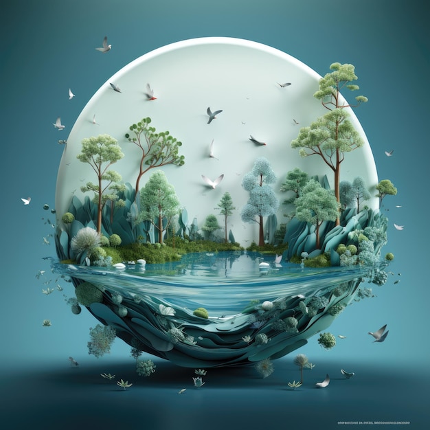 a water globe with a picture of trees and the word quot the water quot