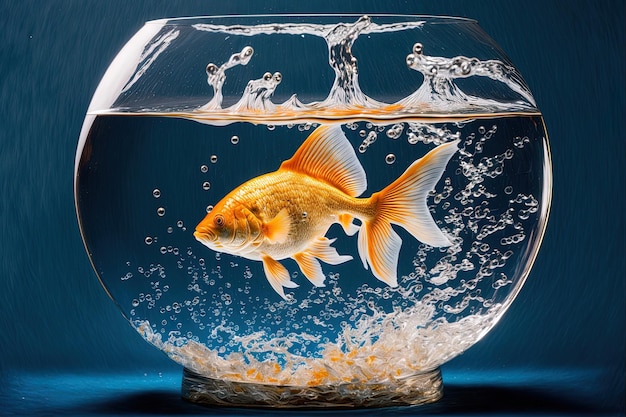 Water is filling a fishbowl on a blue backdrop taken using a 5D Mark III in a studio