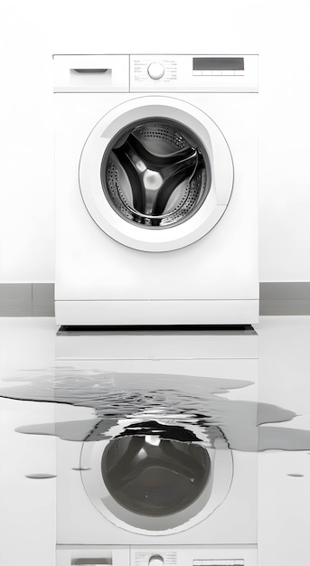 Photo water leaks from a broken washing machine on a white background broken home appliance concept