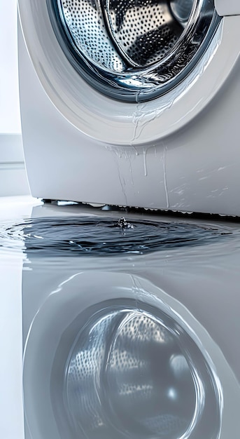 Water leaks from a broken washing machine on a white background Broken home appliance concept