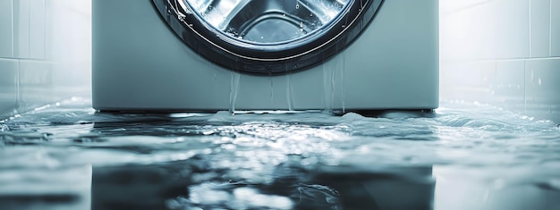 Water leaks from a broken washing machine on a white background Broken home appliance concept