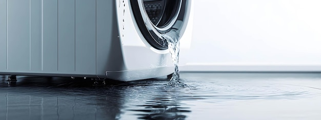 Water leaks from a broken washing machine on a white background Broken home appliance concept