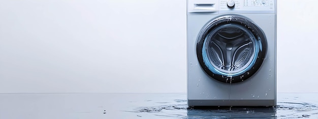 Water leaks from a broken washing machine on a white background Broken home appliance concept