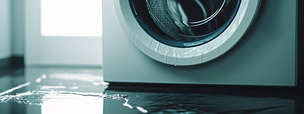 Water leaks from a broken washing machine on a white background Broken home appliance concept