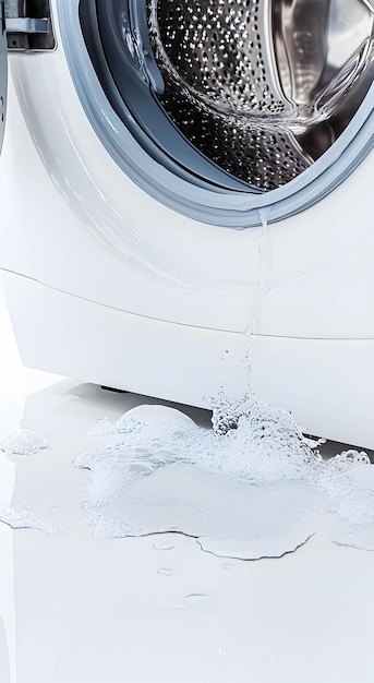 Water leaks from a broken washing machine on a white background Broken home appliance concept