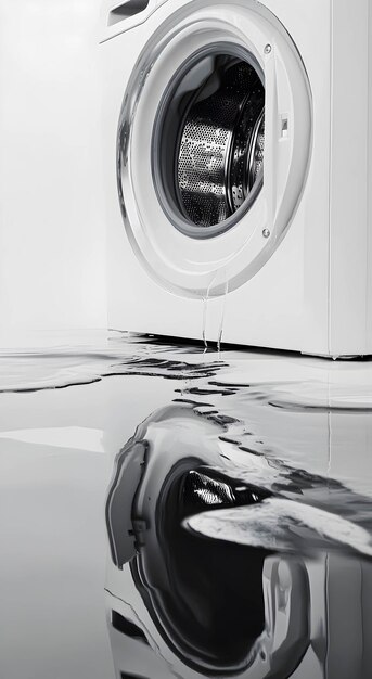 Water leaks from a broken washing machine on a white background Broken home appliance concept