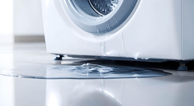 Water leaks from a broken washing machine on a white background Broken home appliance concept