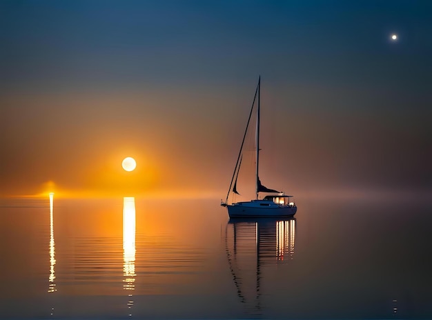 Water Light Reflections Glowing Sailboat Under Moonlight