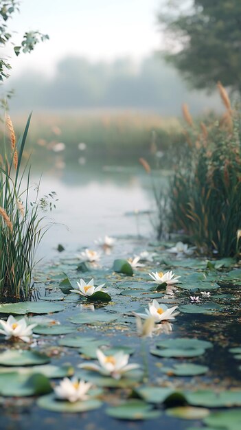 Photo water lilies in a foggy morning