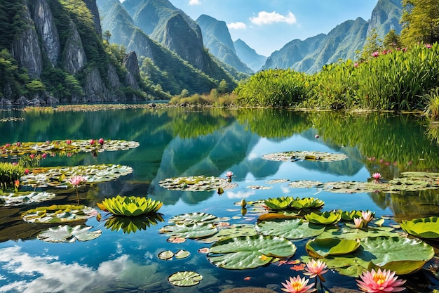 Water Lilies on Lake Near Mountains