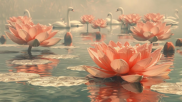 Water Lilies and Swans in a Misty Pond