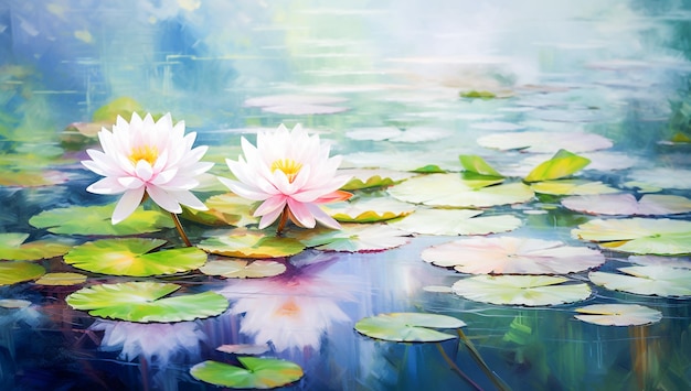 Water Lilies with Reflecting Lily Pads