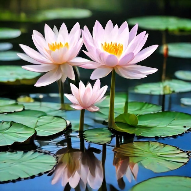 water lilies with the reflection of them in the water