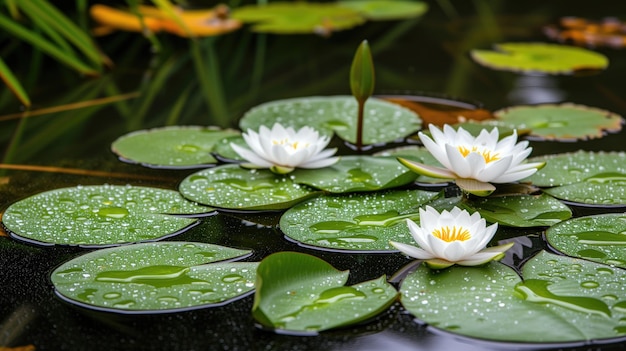 Water lilies with white flowers and green pads floating on tranquil water with raindrops