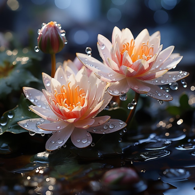 Water lily flower and water lily that sails on a body of water with rain falling and drops of water