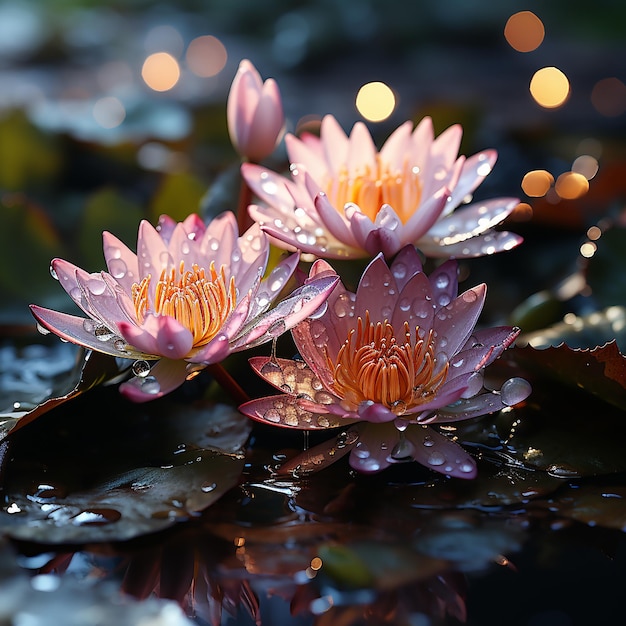 Water lily flower and water lily that sails on a body of water with rain falling and drops of water