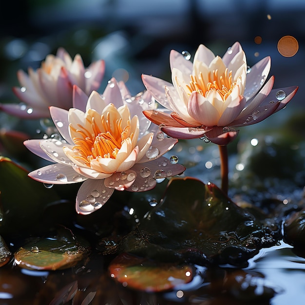 Water lily flower and water lily that sails on a body of water with rain falling and drops of water