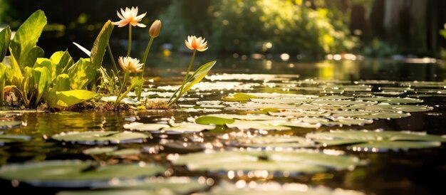 Photo water lily pond in warm sunlight