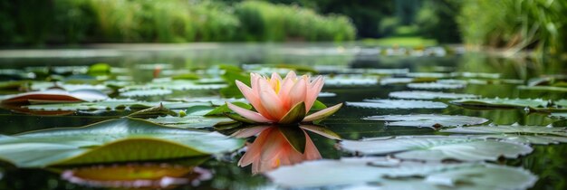 Water lily in a pond with lily pads Water flowers Nymphaea with green leaves in the lake