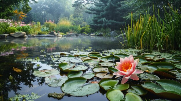 Water lily in a pond with lily pads Water flowers Nymphaea with green leaves in the lake