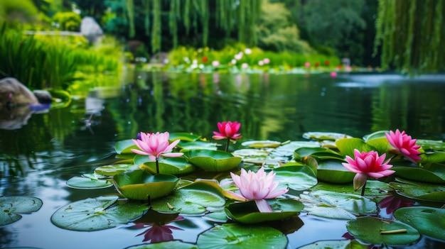 Water lily in a pond with lily pads Water flowers Nymphaea with green leaves in the lake