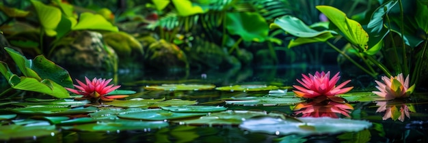 Water lily in a pond with lily pads Water flowers Nymphaea with green leaves in the lake