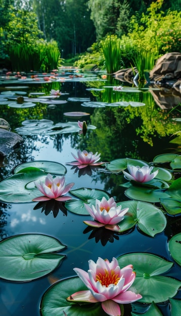 Water lily in a pond with lily pads Water flowers Nymphaea with green leaves in the lake