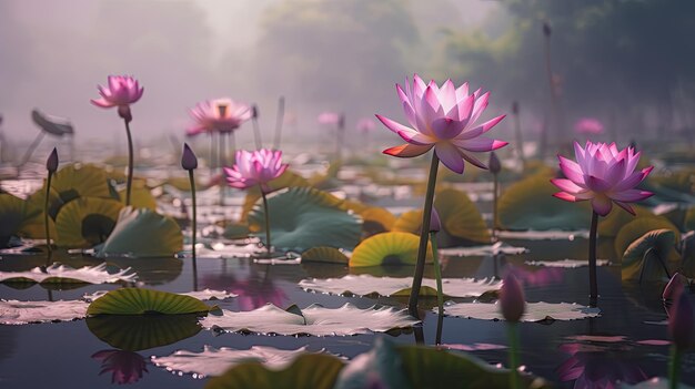 A water lily pond with a pink lotus flower in the foreground.