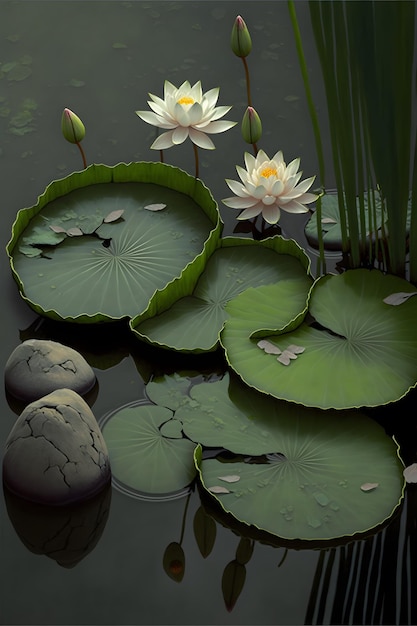 A water lily sits in a pond with water lilies.