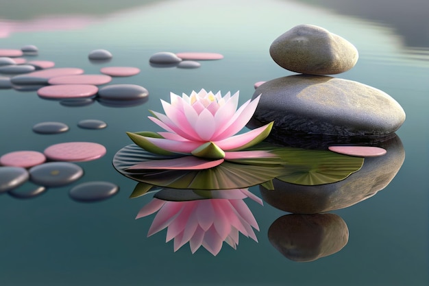 A water lily and stones in a pond