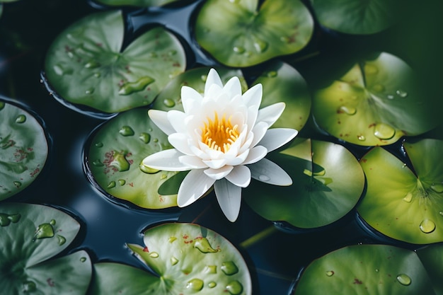 A water lily surrounded by autumn leaves