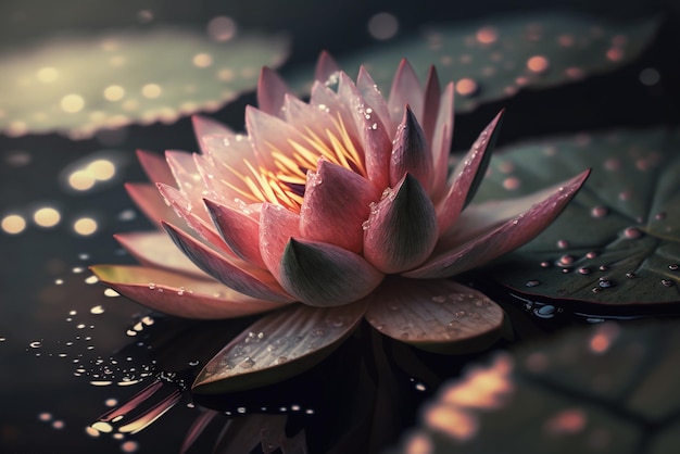 Water lily tree branch with water lily crimson glowing flowers blossom