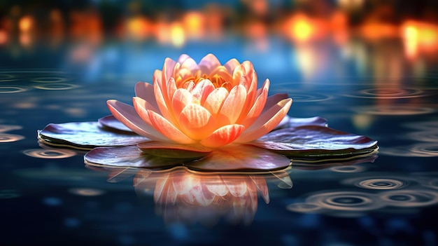 A water lily in the water with the light shining on it