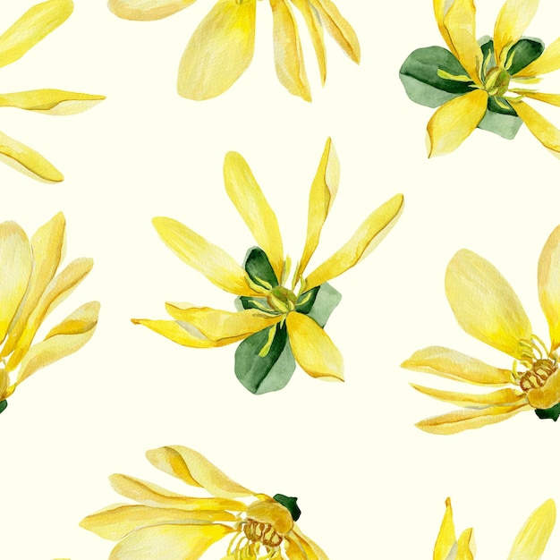 Water lily yellow watercolor seamless pattern