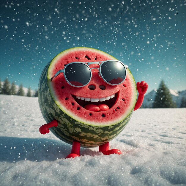 Photo water melon mascot cartoon wearing a sunglass headphone guitar snowfall christmas background