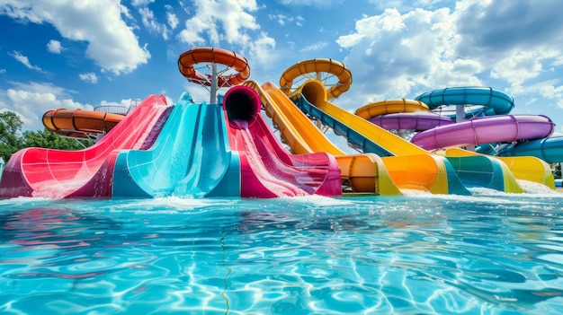 A water park with a rainbow colored slide