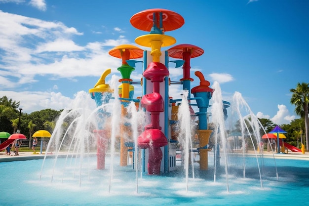 A water park with a water slide and the words " new " on the bottom.