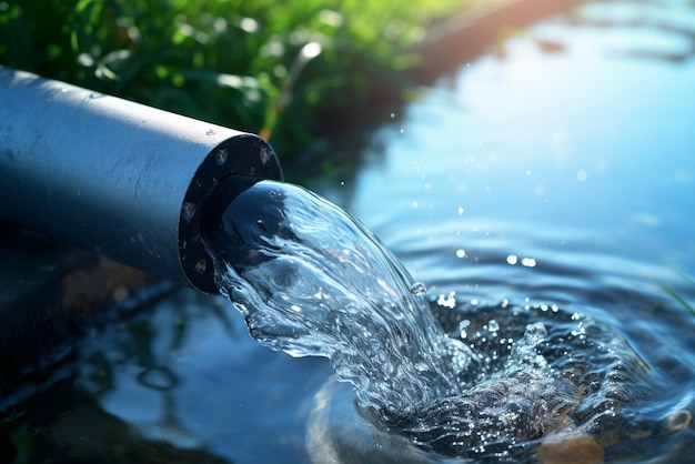 Photo water pipe in water field discharge clear water flowing from a pipe