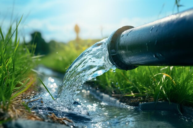 Photo water pipe in water field discharge clear water flowing from a pipe