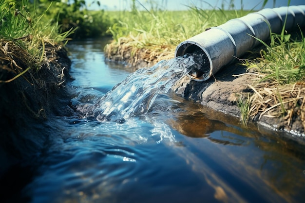 Photo water pipe in water field discharge clear water flowing from a pipe