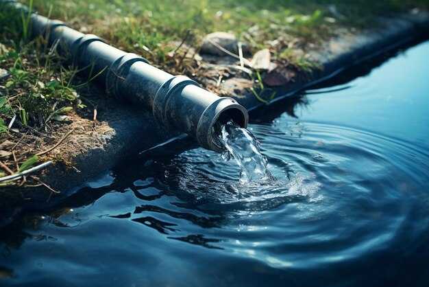 Photo water pipe in water field discharge clear water flowing from a pipe