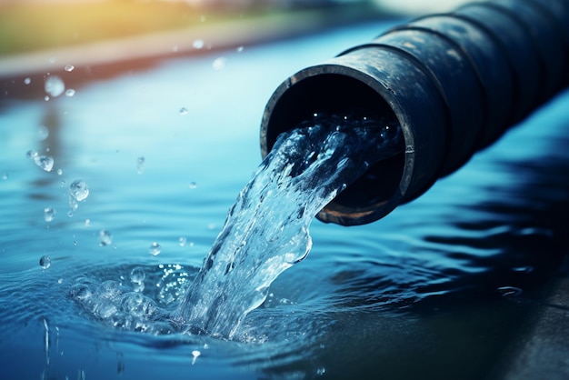 Photo water pipe in water field discharge clear water flowing from a pipe