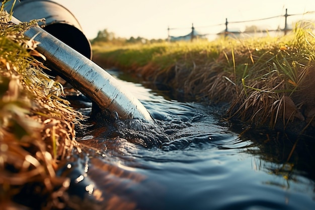 Photo water pipe in water field discharge clear water flowing from a pipe