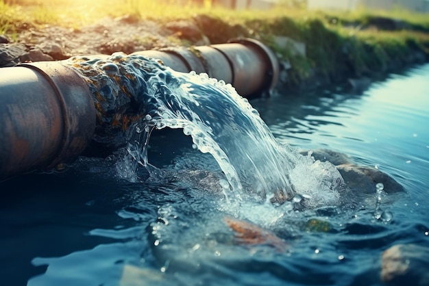 Photo water pipe in water field discharge clear water flowing from a pipe